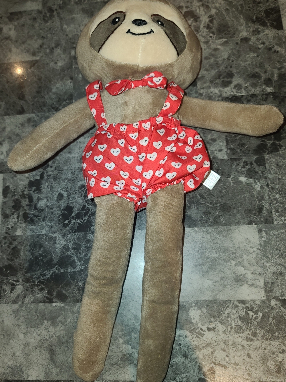 Brown Plush Sloth Toy with Red Heart Romper